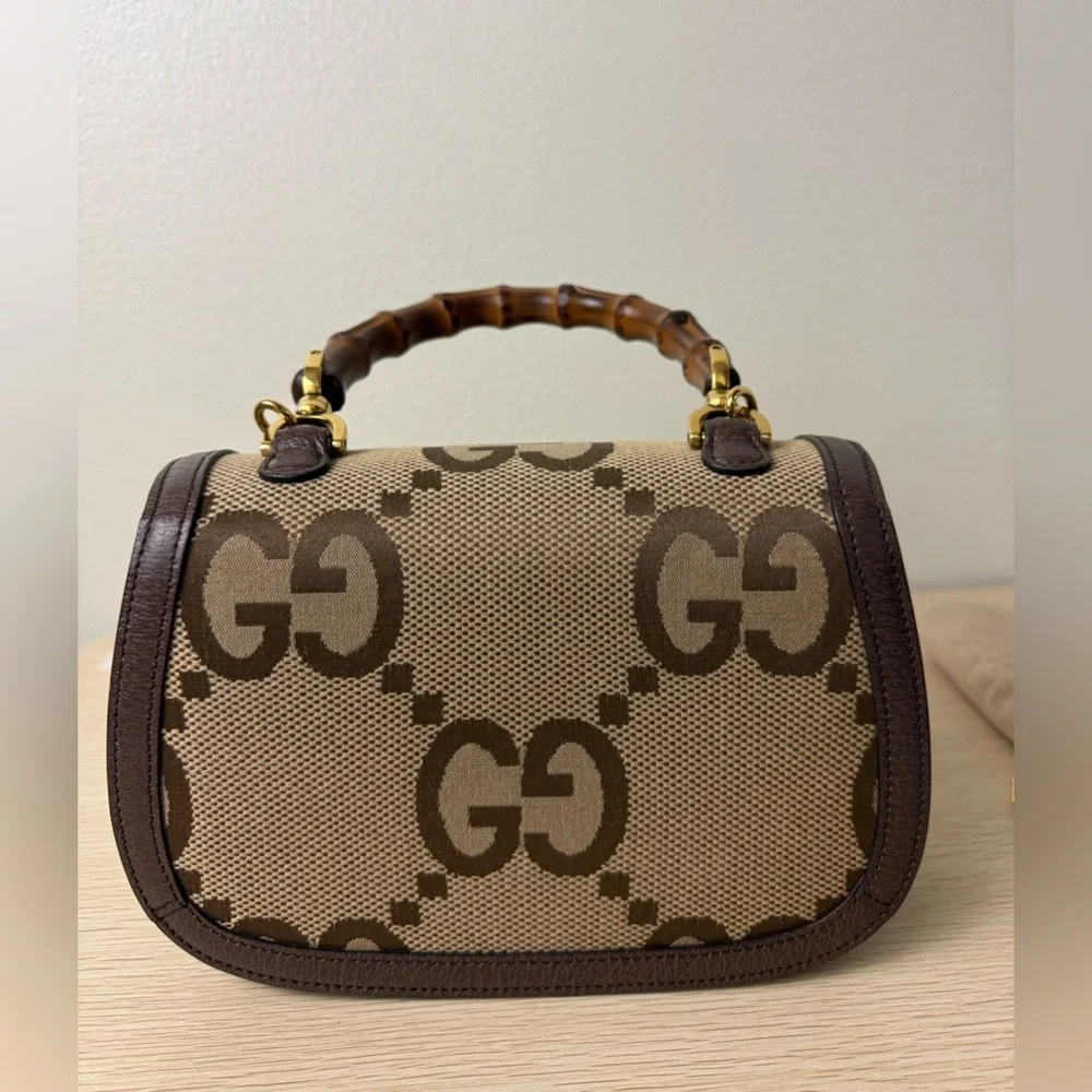 Gucci Brown Tan GG Canvas Bamboo Top Handle Shoulder Bag with Green Red Strap